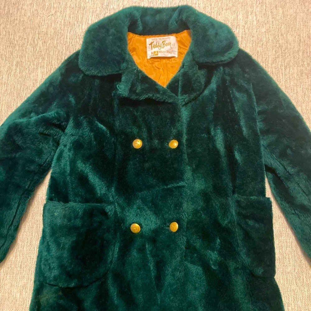 Vintage 70s Emerald Green Double Breasted Teddy Coat Faux Fur